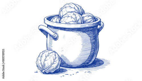 Vintage sketch of a pot filled with sauerkraut and cabbage heads  