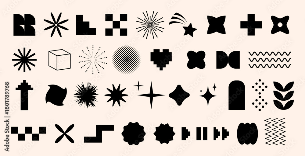 Fototapeta premium Set of bold abstract retro shapes and geometric forms, elements, symbols, and minimal icons, perfect for use in modern design, branding, digital layouts, web UI, and posters. Vector illustration