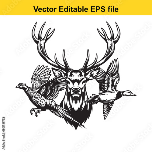 Vintage illustration of a stag head with pheasant and duck flying around, isolated on