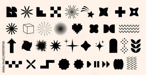 Set of bold abstract retro shapes and geometric forms, elements, symbols, and minimal icons, perfect for use in modern design, branding, digital layouts, web UI, and posters. Vector illustration