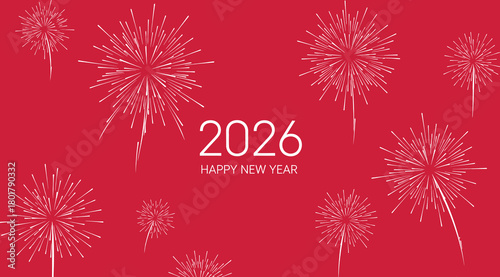 Happy new year 2026 with white fireworks exploding on a vibrant red background, symbolizing celebration, joy, and the start of a new year with festive light displays