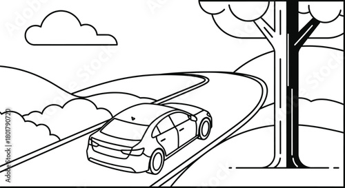 A lone car travels down a winding road through a scenic landscape.