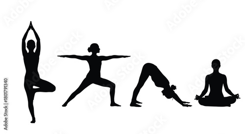 Four yoga poses, representing wellness and fitness