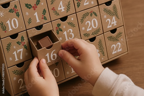 Child opening advent calendar drawer revealing chocolate candy. Anticipation of Christmas and holiday countdown tradition for kid.