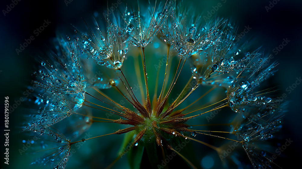 Obraz premium A dandelion seed head with dew drops, macro photography, symmetrical composition, delicate background, green and blue tones