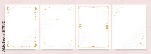 Gold Celestial Frame Templates with celestial elements stars, crescent moons, sparkles, and astrology symbols, for invitations, journaling pages, stationery, branding, printable designs.Vector
