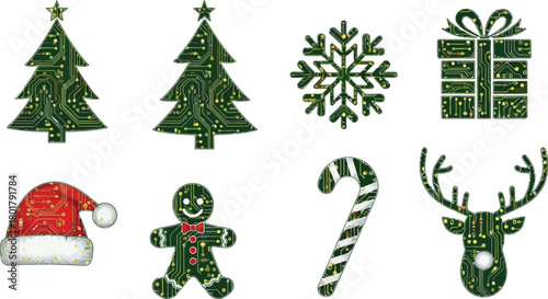Christmas icons with circuit board pattern isolated on white background