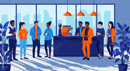 A diverse group of colleagues enjoying a coffee break in a modern office breakroom, fostering a collaborative and friendly work environment