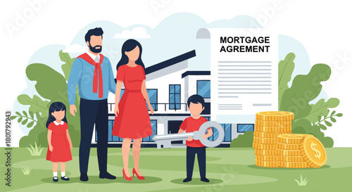 Happy Family Standing Outside Modern House With Key and Mortgage Agreement Document, Symbolizing Homeownership and Financial Investment