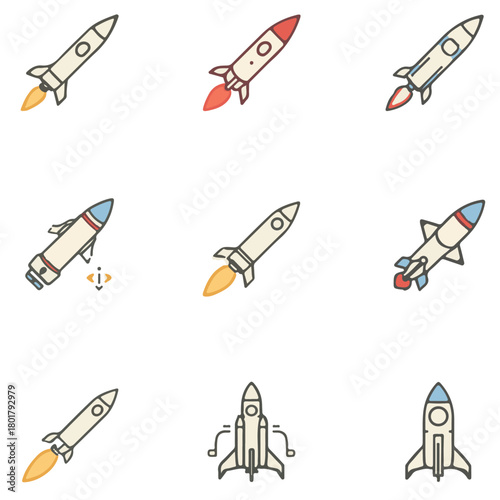 Missile launch icon set, modern missile set, missile weapon icon