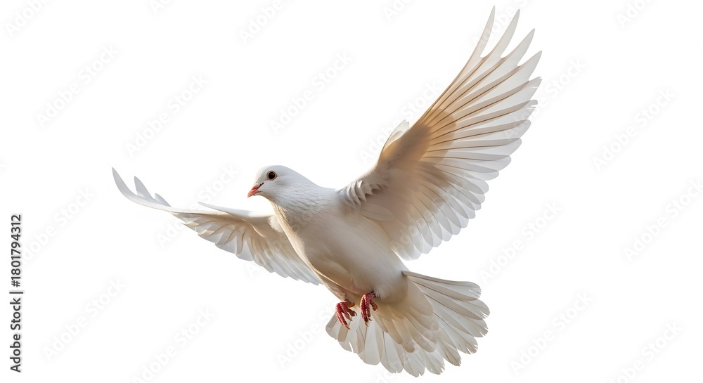 Obraz premium A white dove in flight, wings spread, against a bright background, symbolizing peace and freedom.