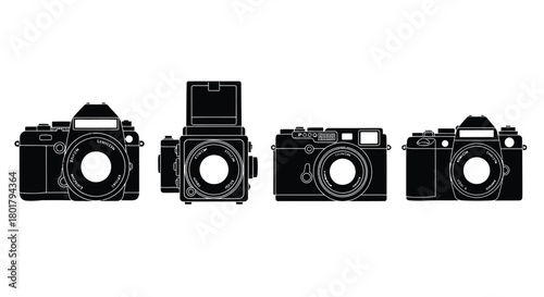 Four vintage cameras in a row silhouette