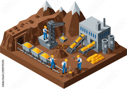 Industrial gold mining process with heavy machinery, trucks, and miners extracting valuable resources from a mountain