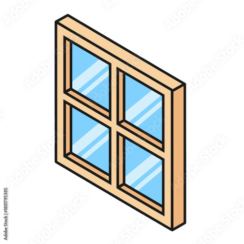 Isometric Styled Window Frame with Four Glass Panes