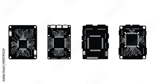 Four circuit boards in a row, black silhouettes