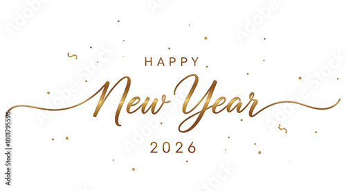 Elegant golden happy new year 2026 text with sparkling confetti, isolated on