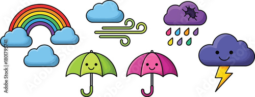 Cute cartoon weather icons with smiling umbrellas and rainbow for fun weather themes
