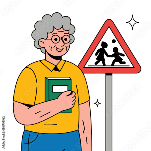 Senior woman with book near school crossing sign