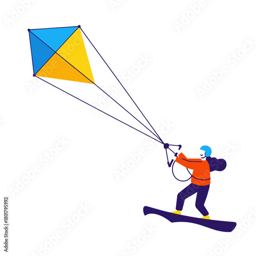 Snowboarder with blue and yellow kite flying high