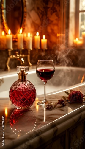 Romantic still life with red wine, perfume, and rose against a steamy bathtub with candlelight with copy space