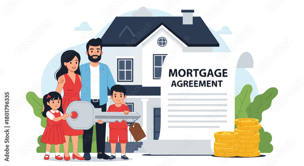Naklejka premium Happy family celebrates securing their dream home with a mortgage agreement, symbolizing new property ownership and financial investment for the future