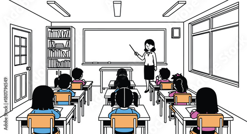 Engaged students learn from teacher in a bright classroom setting.