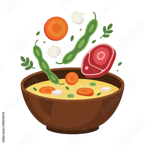 Vegetables and Meat Floating Above a Bowl of Soup