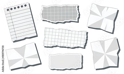 Torn and Crumpled Paper Scraps with Grid and Lined Patterns