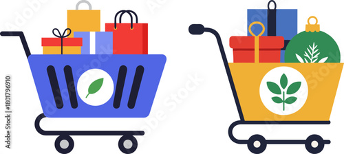 Two shopping carts filled with colorful gifts and decorated items, showcasing a festive and eco-friendly theme, isolated on a transparent background.