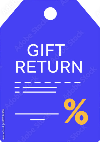 Isolated blue gift return tag featuring white text and yellow percentage sign, designed for easy identification of returns, useful in retail or e-commerce settings on a transparent background