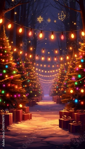 Enchanted winter forest path lined with decorated Christmas trees and glowing string lights, creating a magical, festive mood against a dark, starry night sky