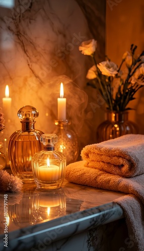 Luxurious perfume bottles and flickering candles against a warm, marble bathroom countertop with soft towels and flowers