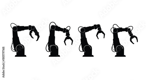 Four robotic arm icons in black silhouette