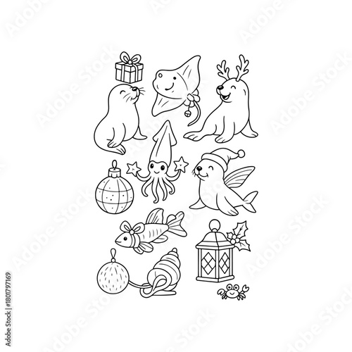 Whimsical christmas animals and ornaments line art illustration