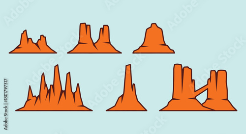 Collection of stylized desert mesas and rock formations under a clear blue sky