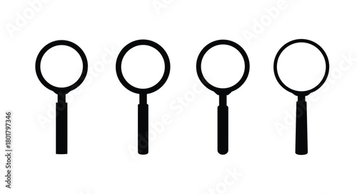 Four magnifying glasses are arranged in a row