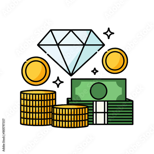Wealth and Prosperity Illustration with Diamond and Coins