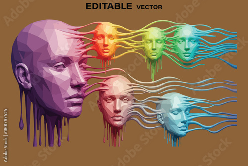 Surreal connection of diverse human faces with colorful flowing energy streams