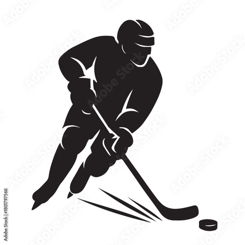 Ice hockey player silhouette with puck and motion lines