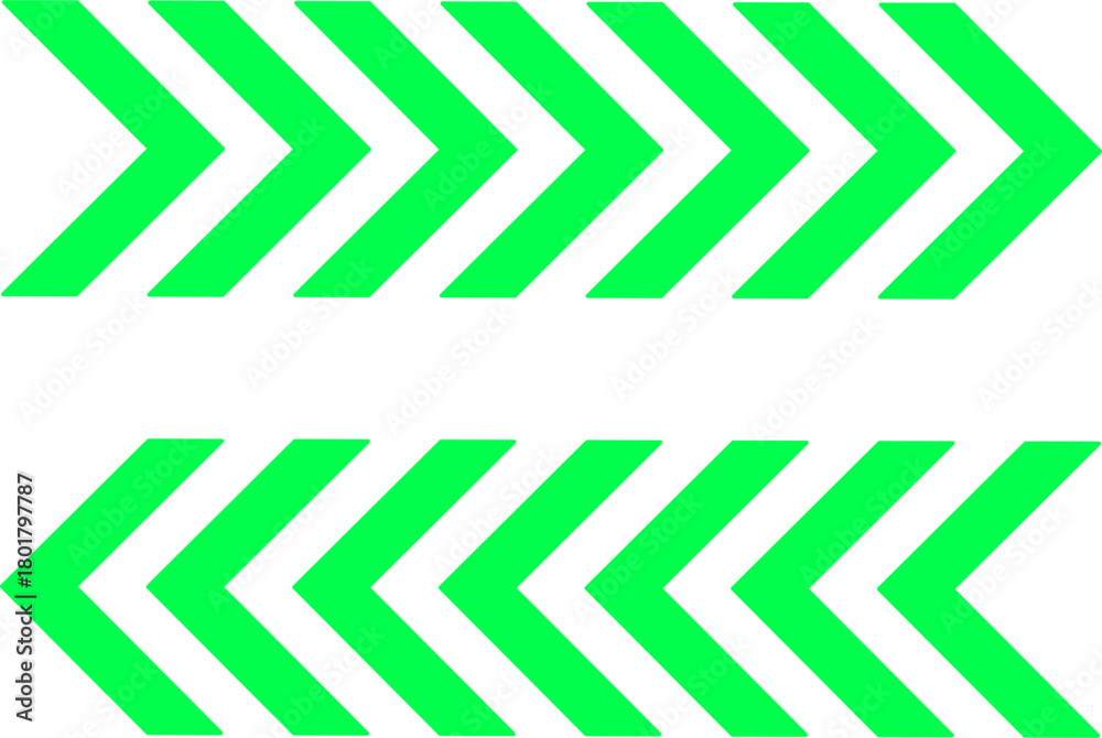 Fototapeta premium Green chevron arrows in two rows pointing opposite directions, symbolizing motion, navigation, and progress in a bold modern graphic on a clean white background. 