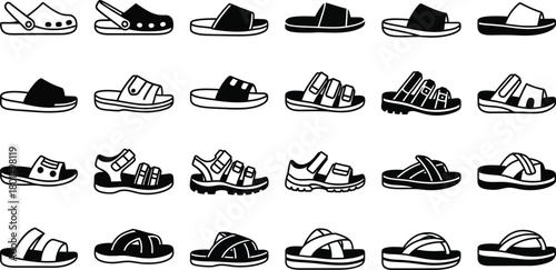 Collection of diverse summer footwear designs, including sandals and slides, for casual warm weather.