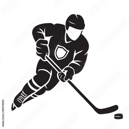 Black silhouette of a hockey player skating with puck Keywords: hockey, ice hockey, player