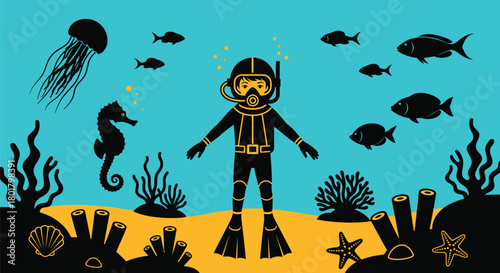 Scuba diver explores vibrant underwater world with diverse marine life and coral reefs