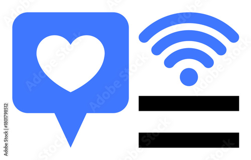 Heart icon in blue chat bubble paired with a wireless symbol above an equal sign. Ideal for love, communication, connection, equality, social media, digital inclusion, and community bonding in