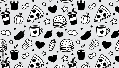 "Fast food pattern, black and white doodle icons, playful design"