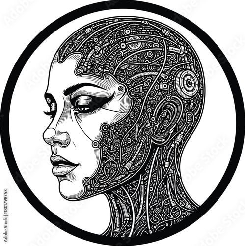 Cyborg woman head illustration ai art futuristic technology concept eps silhouette