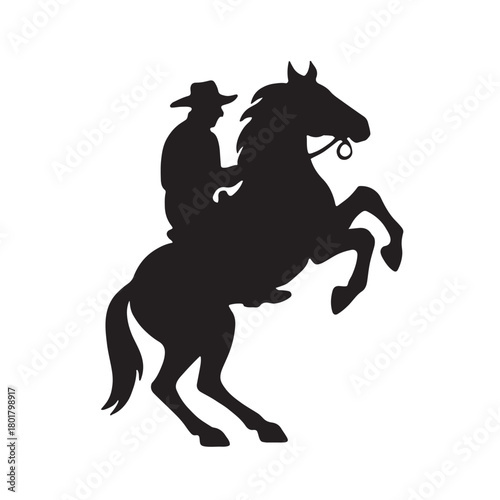 Silhouette of a cowboy on a rearing horse on a white background
