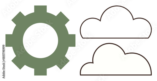 Green gear next to two outlined clouds. Ideal for technology, cloud computing, innovation, collaboration, networking, environment, minimalistic solutions. A simple flat metaphor