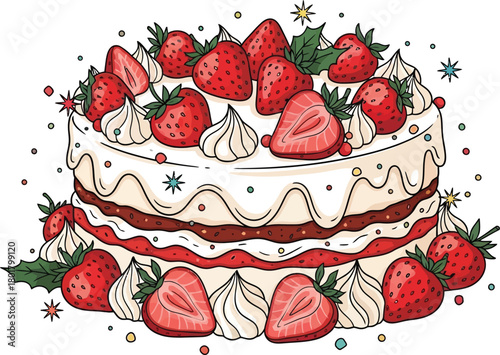 Delicious strawberry cake with fresh fruit and cream isolated on white background