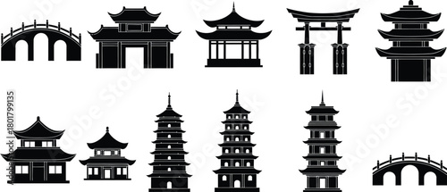 Collection of traditional Asian architectural silhouettes, including pagodas, gates, and bridges.